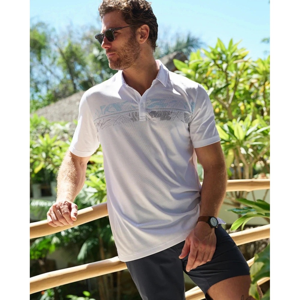 TravisMathew Mens Friendly Isle Golf Polo Shirt White Graphic Beach Size Large